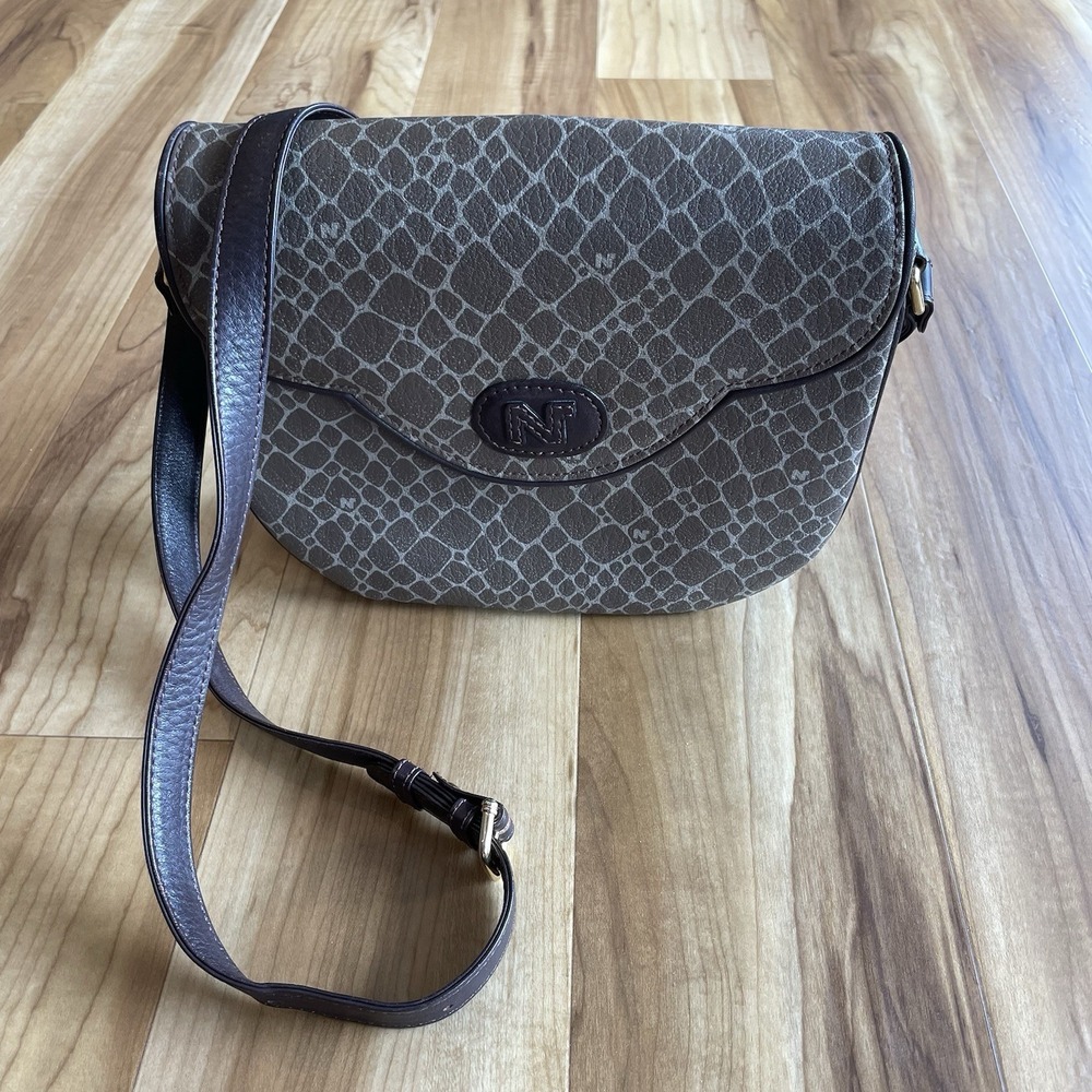 Vintage Nina Ricci Paris Monogram Flap Saddle Crossbody Bag Brown Giraffe 90s